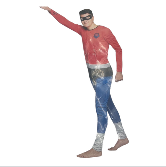 Kinky Super Hero Costume – Tight Blue /RedSuit with Black Cape & Mask - M / L / XL