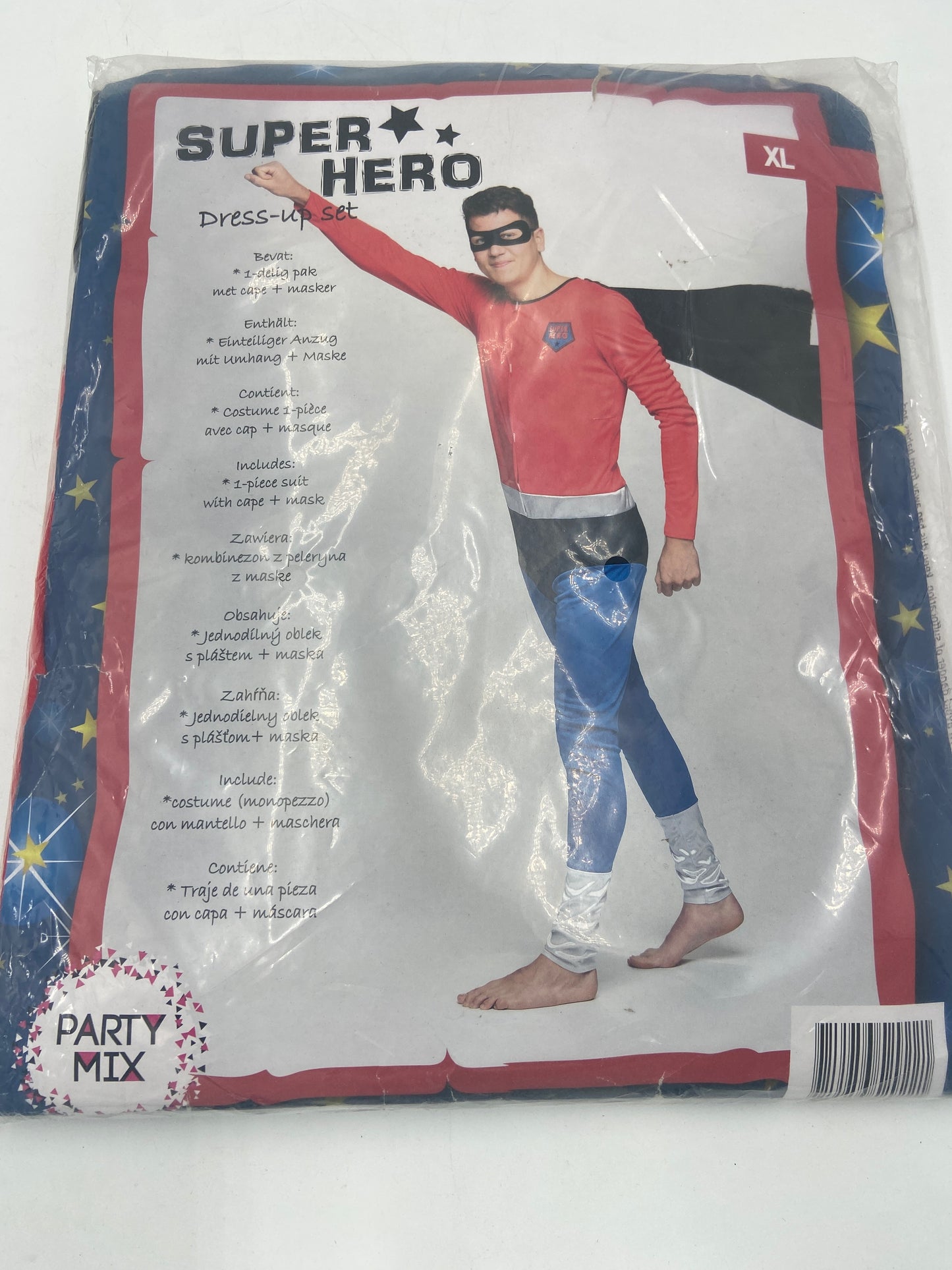 Kinky Super Hero Costume – Tight Blue /RedSuit with Black Cape & Mask - M / L / XL