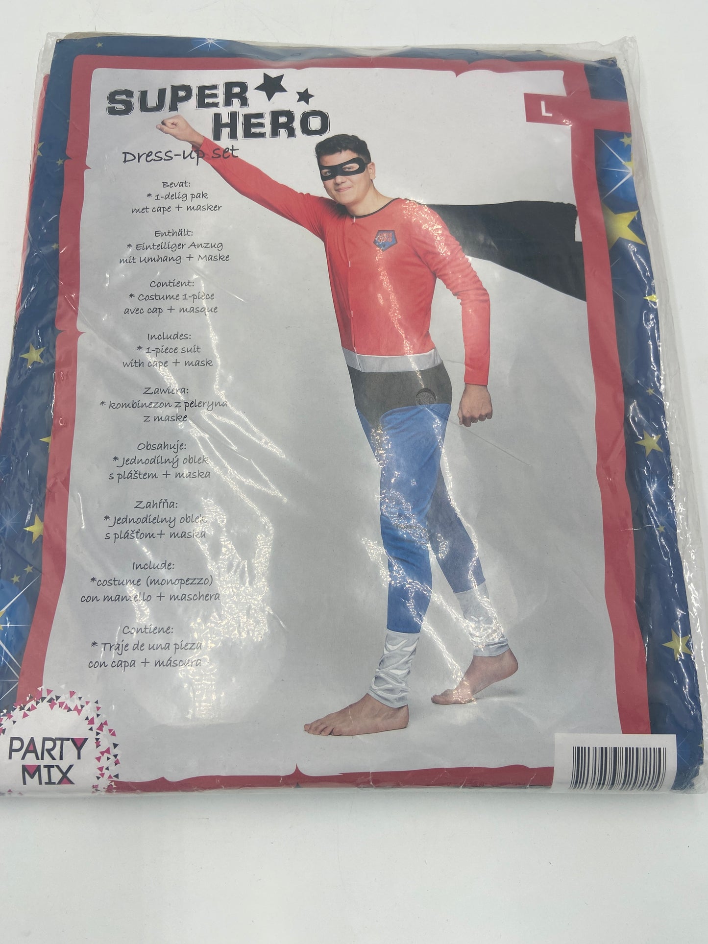 Kinky Super Hero Costume – Tight Blue /RedSuit with Black Cape & Mask - M / L / XL
