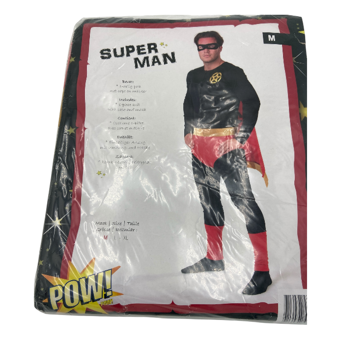 Kinky Dark Super Hero Costume – Super Man Black Suit with Red/Yellow Cape & Mask - Size M