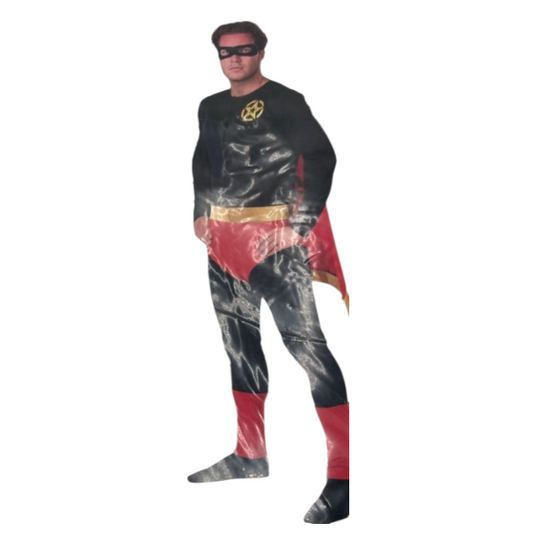 Kinky Dark Super Hero Costume – Super Man Black Suit with Red/Yellow Cape & Mask - Size M