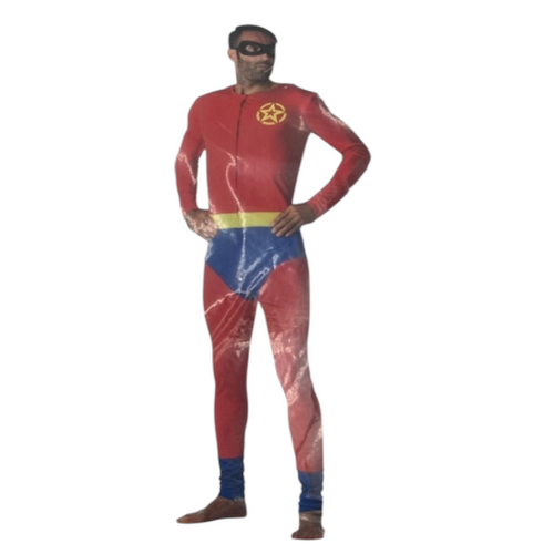 Sexy Superman Roleplay Costume – Red & Blue Bodysuit with Cape & Black Mask – Erotic Party Outfit S / M / L