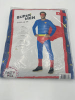 Kinky Supermen Costume – Tight Blue Suit with Red Cape & Mask - M / L / XL
