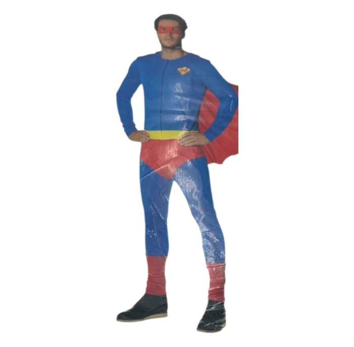 Kinky Supermen Costume – Tight Blue Suit with Red Cape & Mask - M / L / XL