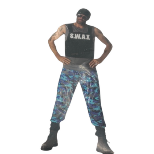 Kinky SWAT Roleplay Costume – Blue Camo Pants & Black Top with S.W.A.T. Print Size L