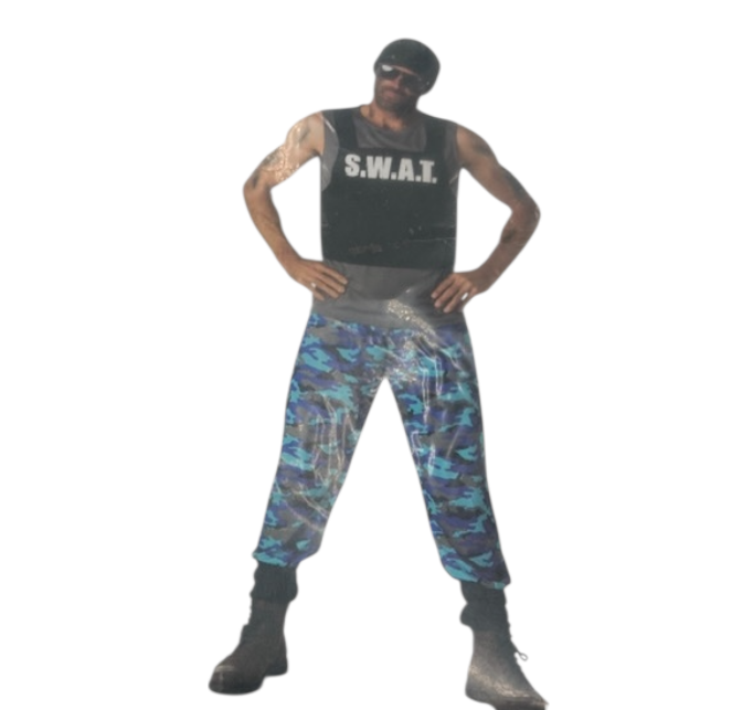Kinky SWAT Roleplay Costume – Blue Camo Pants & Black Top with S.W.A.T. Print Size L