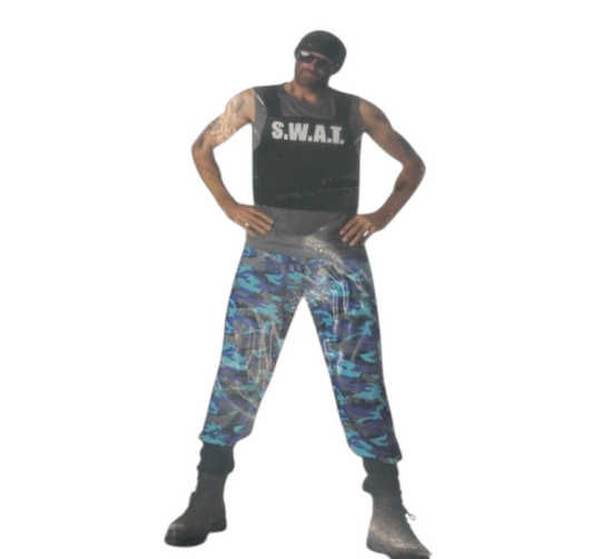 Kinky SWAT Roleplay Costume – Blue Camo Pants & Black Top with S.W.A.T. Print