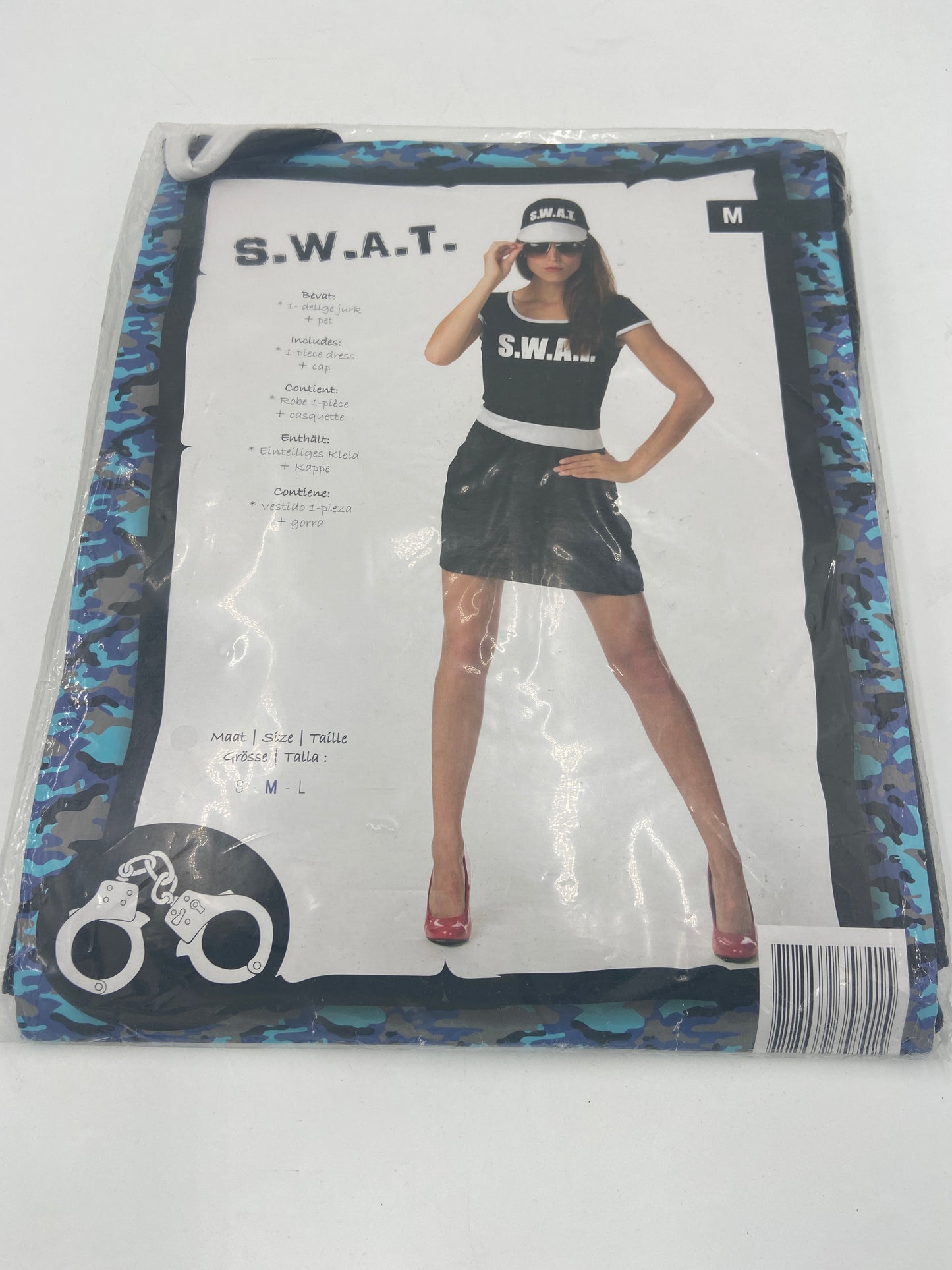 Sexy SWAT Costume – Tight Black Dress with White Print & Matching Cap – S / M / L