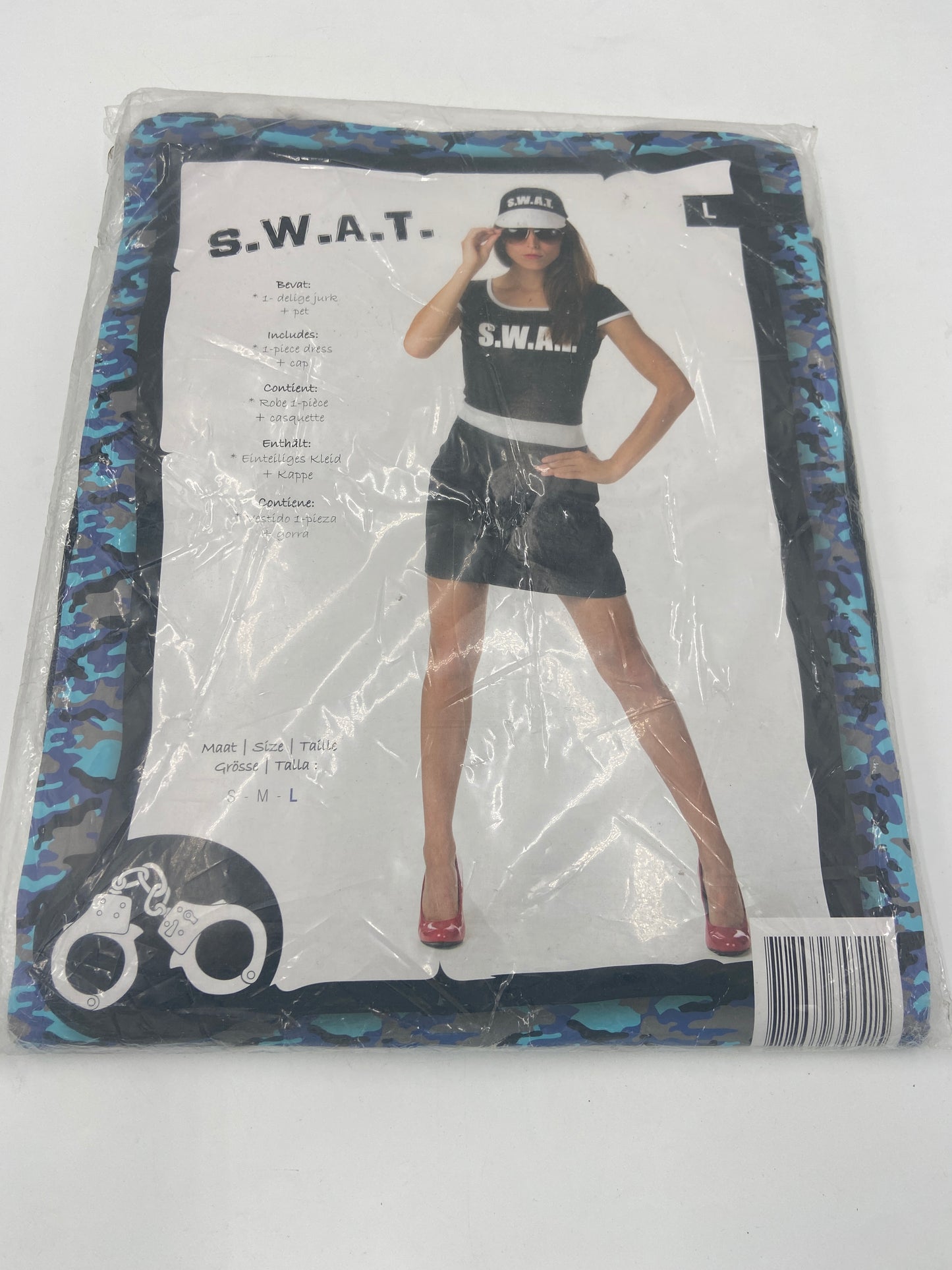 Sexy SWAT Costume – Tight Black Dress with White Print & Matching Cap – S / M / L