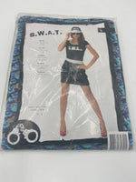 Sexy SWAT Costume – Tight Black Dress with White Print & Matching Cap – S / M / L