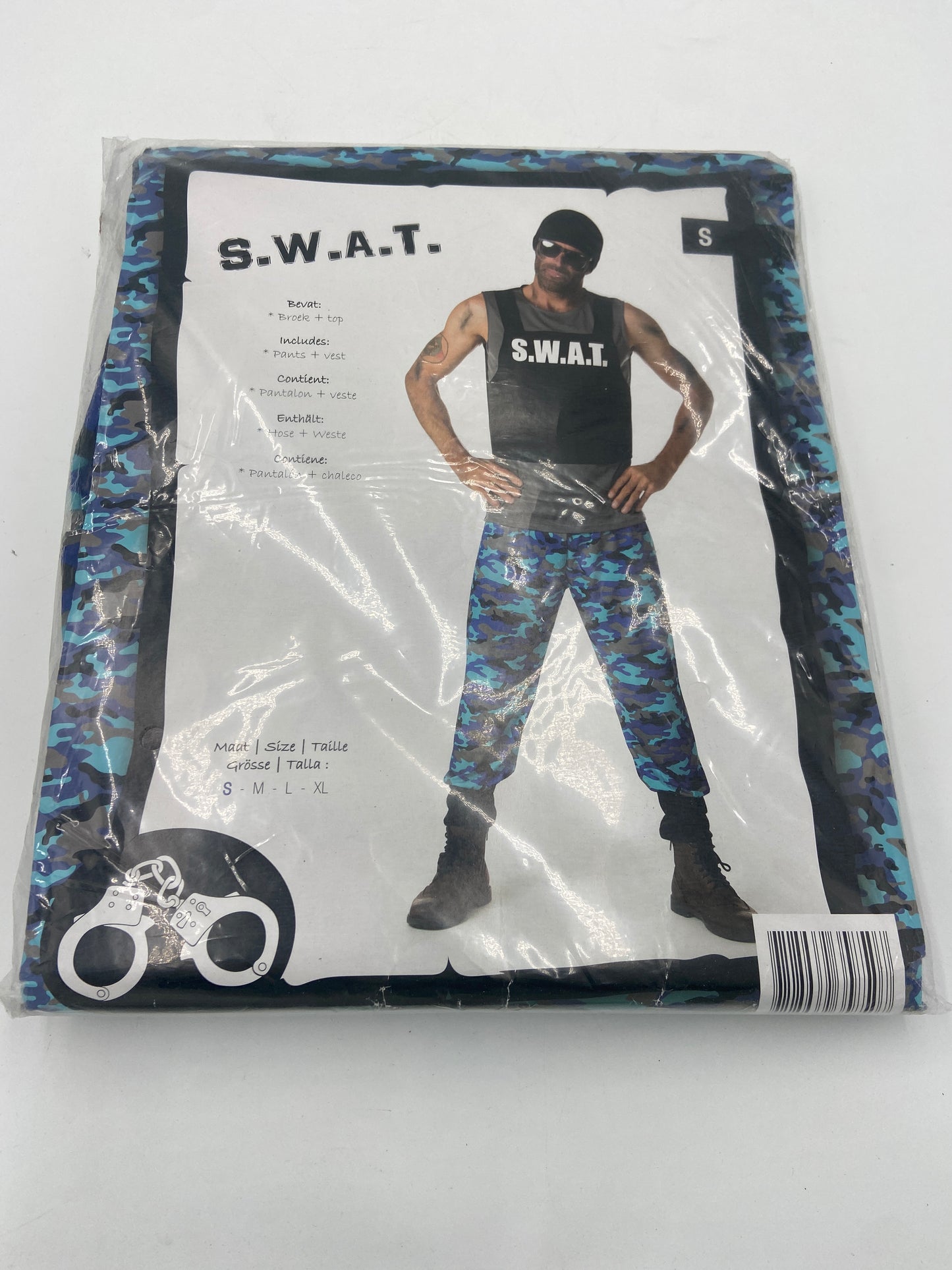 Kinky SWAT Roleplay Costume – Blue Camo Pants & Black Top with S.W.A.T. Print
