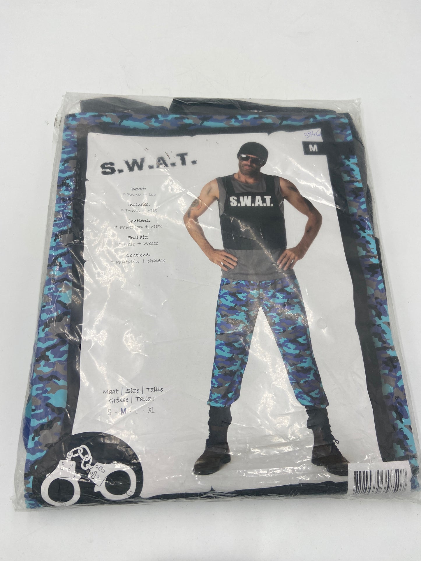 Kinky SWAT Roleplay Costume – Blue Camo Pants & Black Top with S.W.A.T. Print