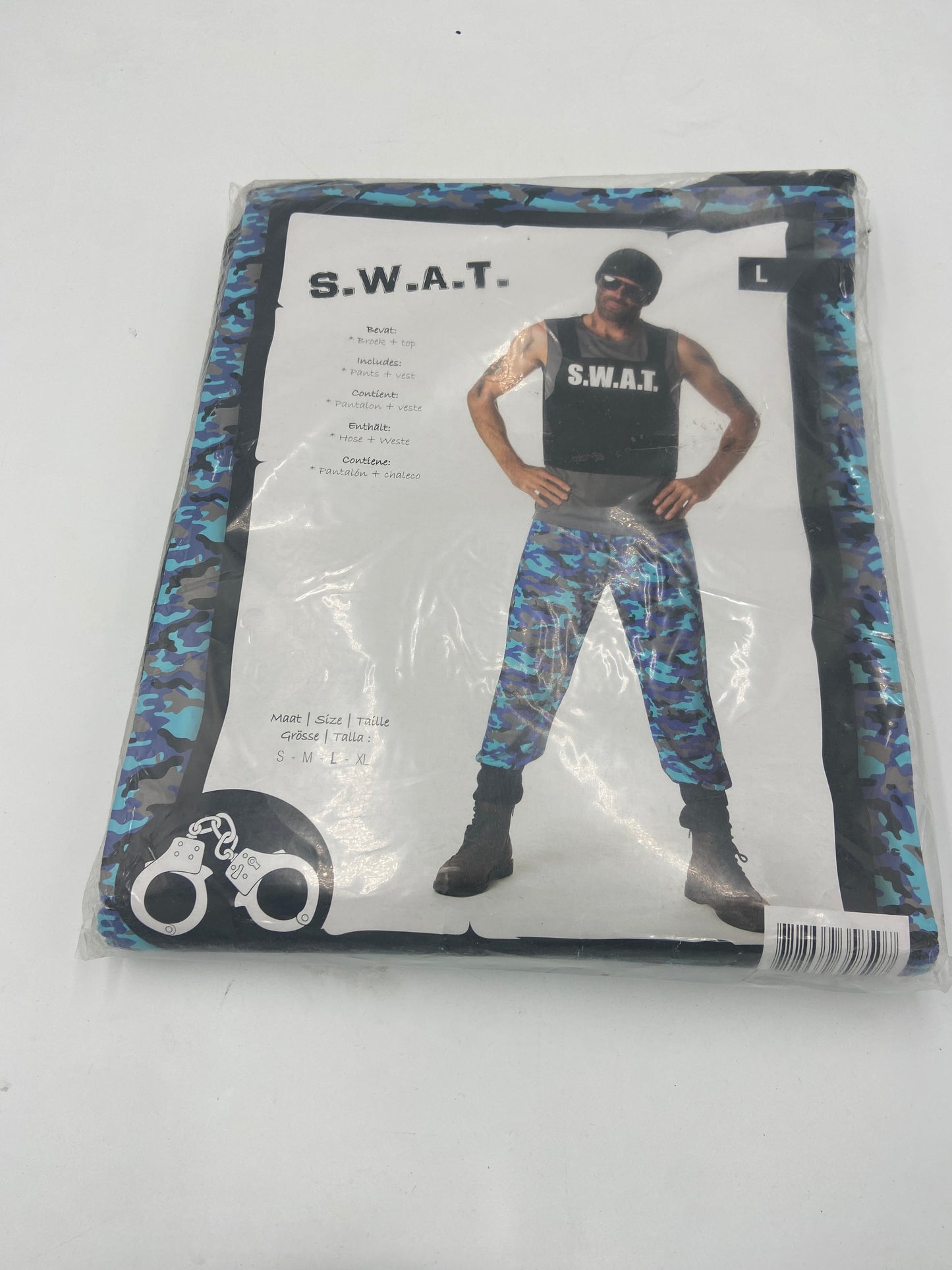 Kinky SWAT Roleplay Costume – Blue Camo Pants & Black Top with S.W.A.T. Print