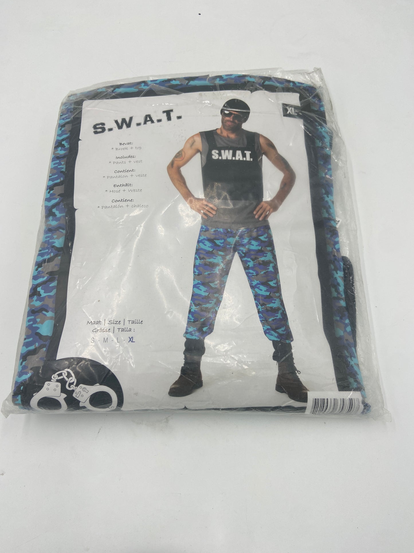 Kinky SWAT Roleplay Costume – Blue Camo Pants & Black Top with S.W.A.T. Print