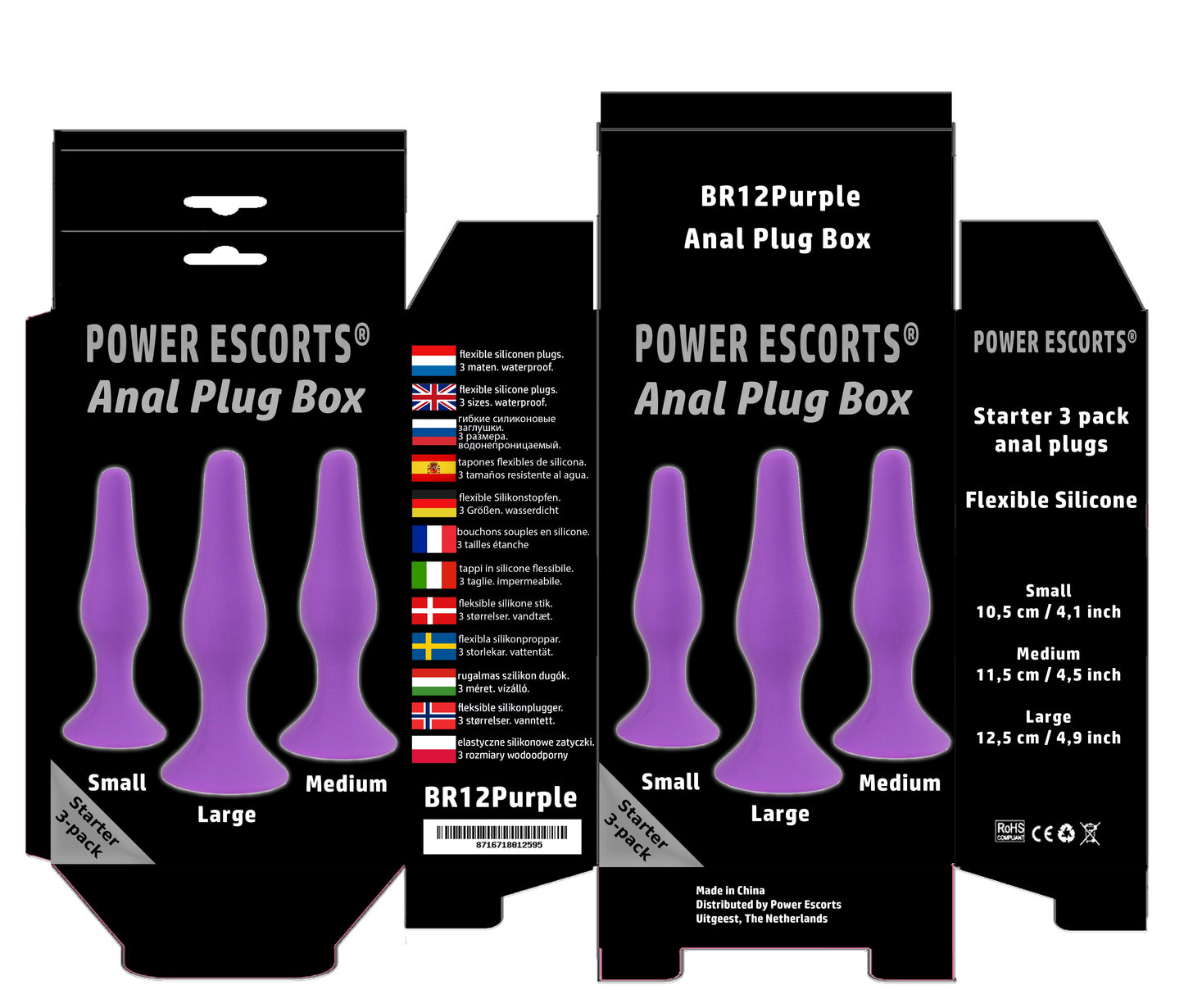 Power Escorts - BR12 - Silicone Anal Plug - 3 Pack Set - Strong Suction Cup