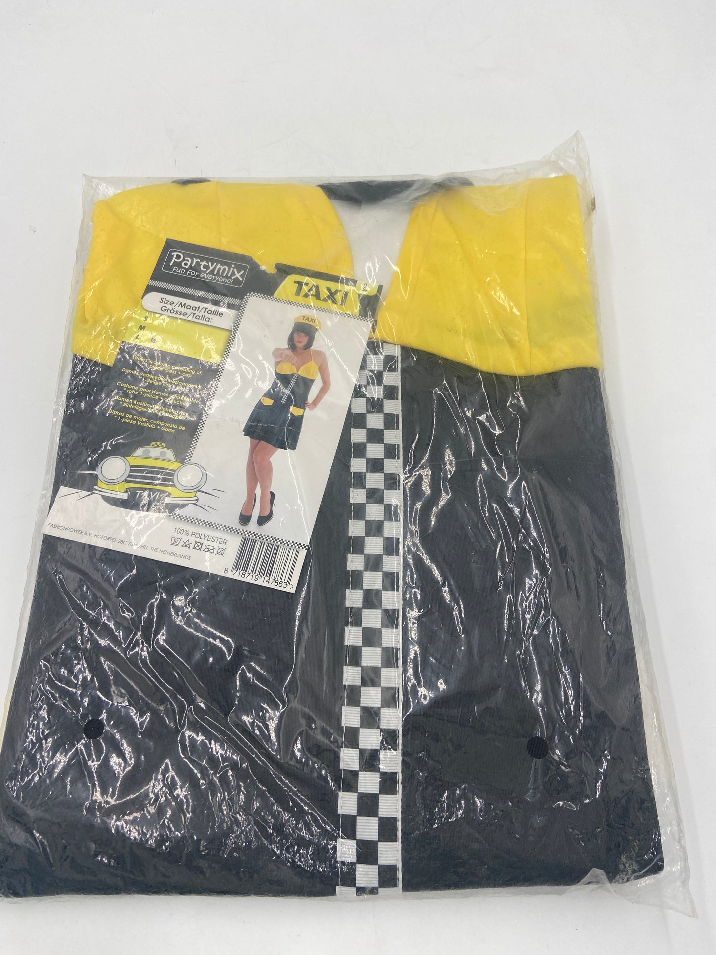 Kinky Taxi Driver Costume – Sexy Black/Yellow Mini Dress with Matching Cap – S / M / L