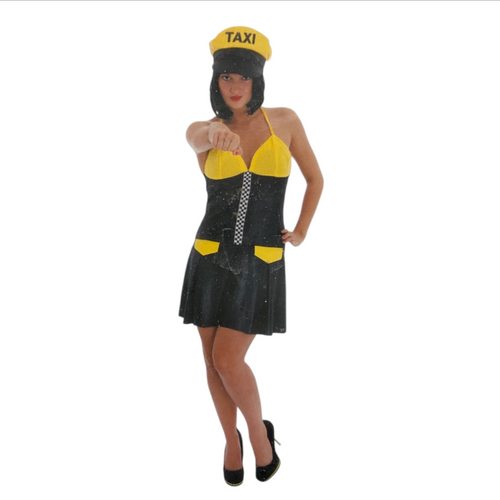 Kinky Taxi Driver Costume – Sexy Black/Yellow Mini Dress with Matching Cap – S / M / L