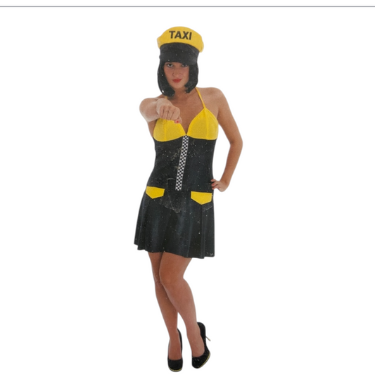 Kinky Taxi Driver Costume – Sexy Black/Yellow Mini Dress with Matching Cap – S / M / L