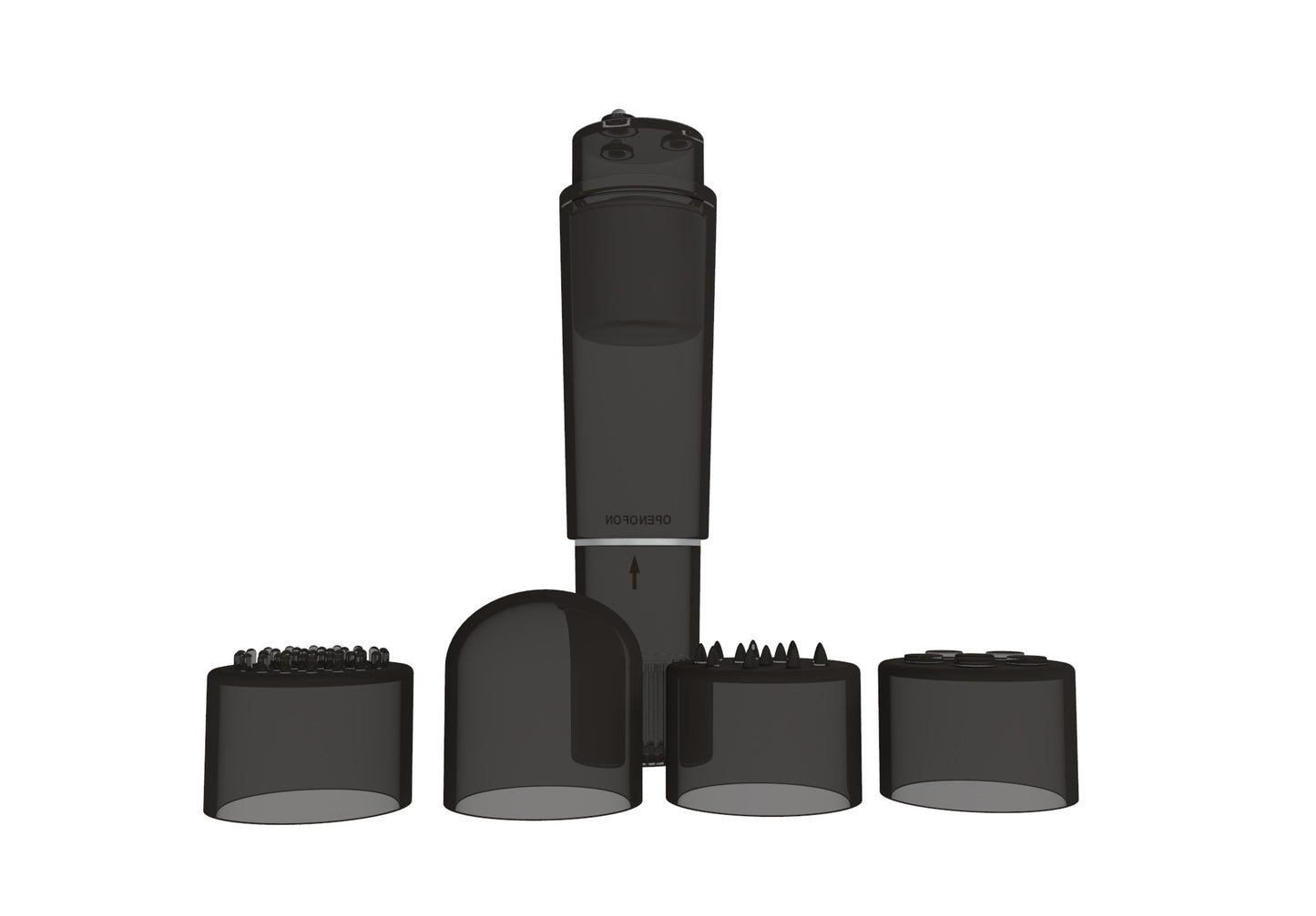 Power Escorts - BR258 - Pocket Rocket - Trendy Black - Mini wand vibrator with 4 different attachments - attractive Colour box