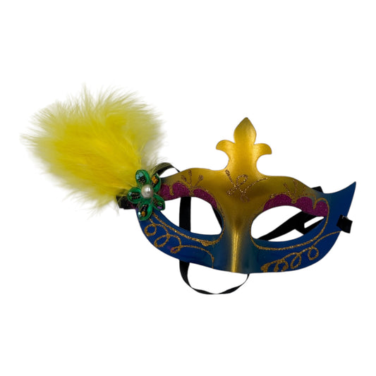 blue gold pink with green flower and yellow feather mask