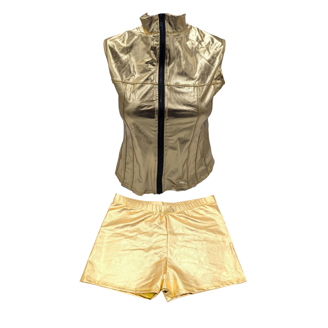 Combi Deals - Glossy Gold Kinky Bodywarmer With Zipper And Matching Boxer