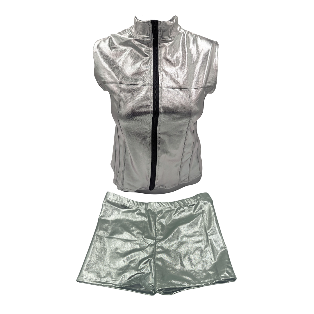 Combi Deal - Glossy Silver Kinky Bodywarmer Wth Zipper And Matching Boxer