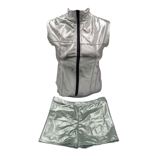 Combi Deal - Glossy Silver Kinky Bodywarmer Wth Zipper And Matching Boxer