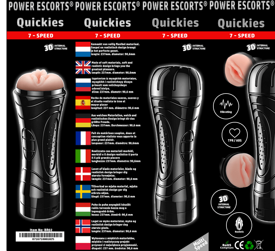 Power Escorts - BR02 - Quickies - Big size Pussy Masturbator -  7-Speed Vibrating - Realistic vagina - 24 CM - Black/Flesh - Brandnew Packaging