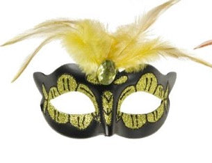 Power Escorts - BR248 Ye - Venetian Mask Yellow with Yellow Stone Feather on Top - Adjustable Kinky Mask