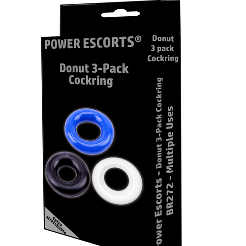 Power Escorts - BR272 - Donut Cockring 3 Pack - Super Stretchable - 3 colors blue /clear /black - attractive colourbox