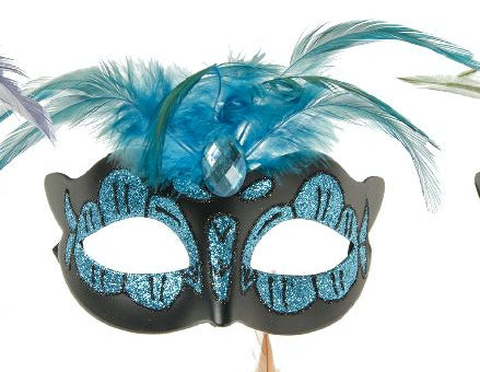 Power Escorts - BR248 Lightblue - Venetian Mask Light Blue with Blue Stone and Feather on Top - Adjustable Kinky Mask