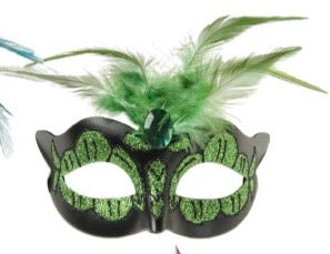 Power Escorts - BR249 GR - Venetian Love Mask Green with Green Stone and Feather on Top - Adjustable Kinky Mask