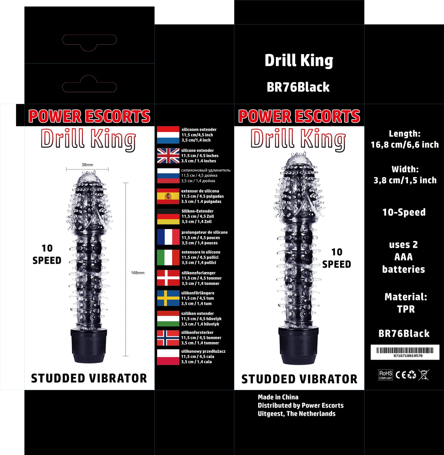 Weekdeal - Power Escorts - BR76 - Drill King - Studded Vibrator - 5x purple 5x black - Bundle of 10 for €20,-