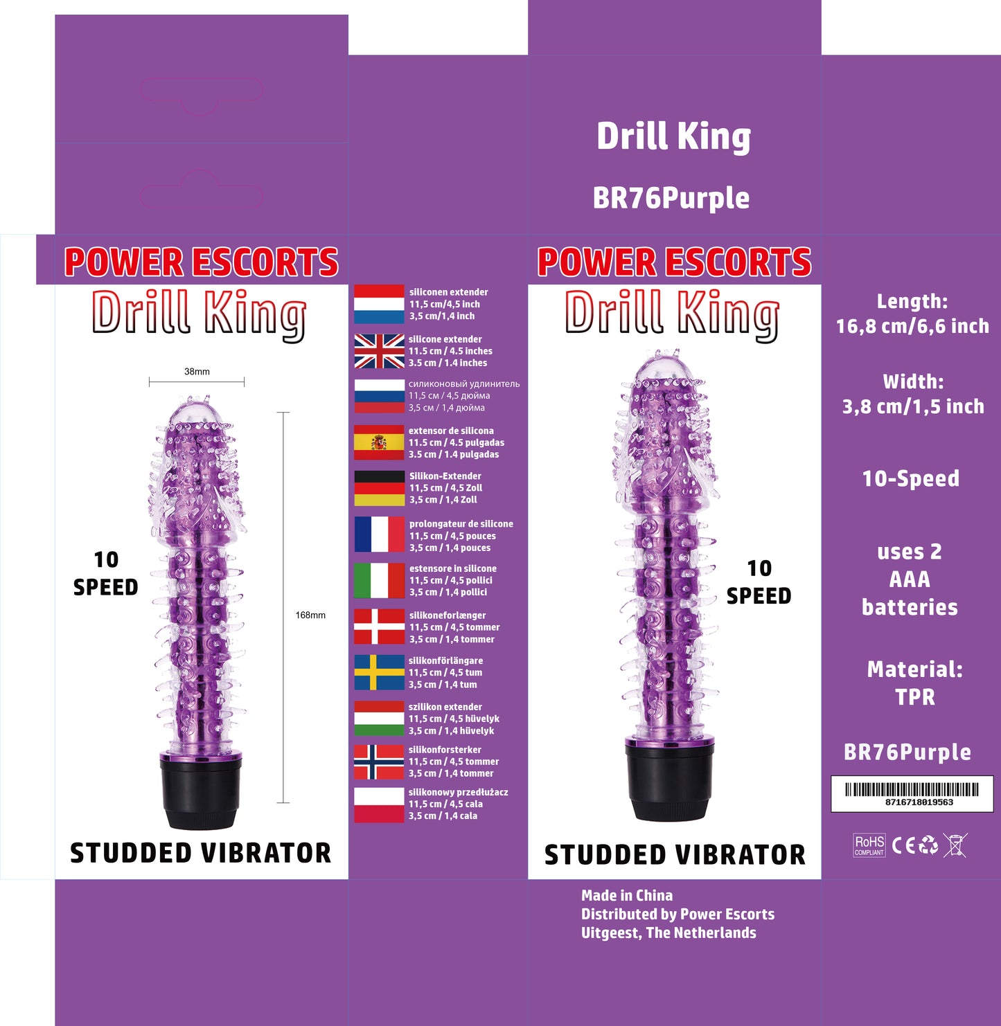 Weekdeal - Power Escorts - BR76 - Drill King - Studded Vibrator - 5x purple 5x black - Bundle of 10 for €20,-