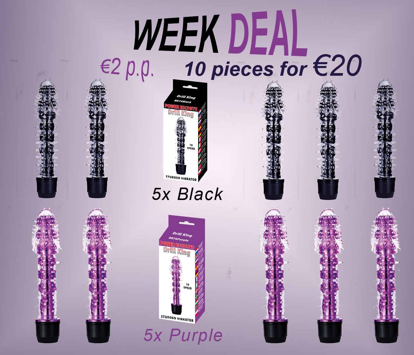 Weekdeal - Power Escorts - BR76 - Drill King - Studded Vibrator - 5x purple 5x black - Bundle of 10 for €20,-