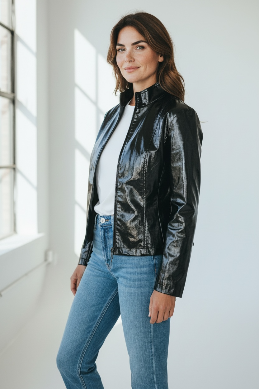 Fashion World - Black Wetlook Zip Jacket – Size L - Unisex Male or Female