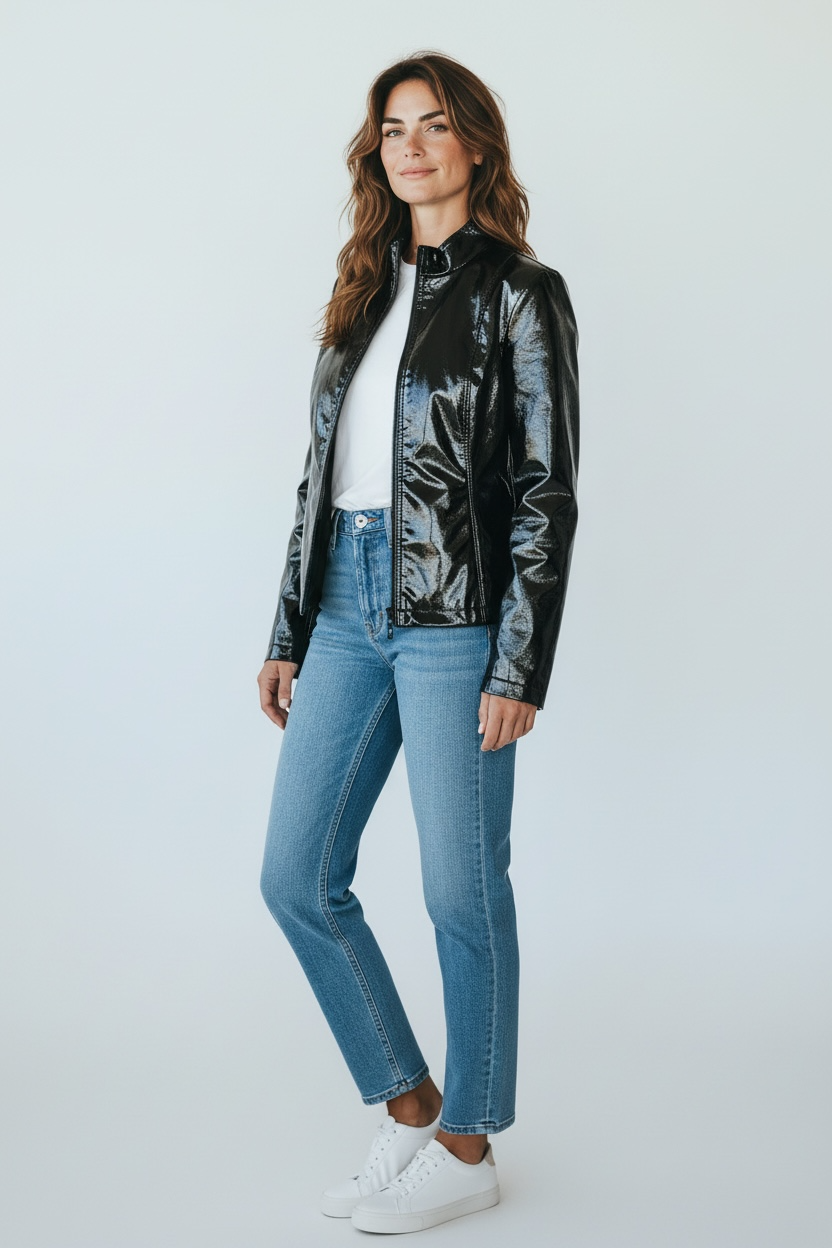 Fashion World - Black Wetlook Zip Jacket – Size L - Unisex Male or Female