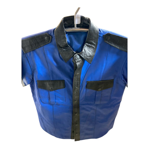Fashionworld - Blue Leather-Look Short Sleeve Shirt with Black Accents – Size S