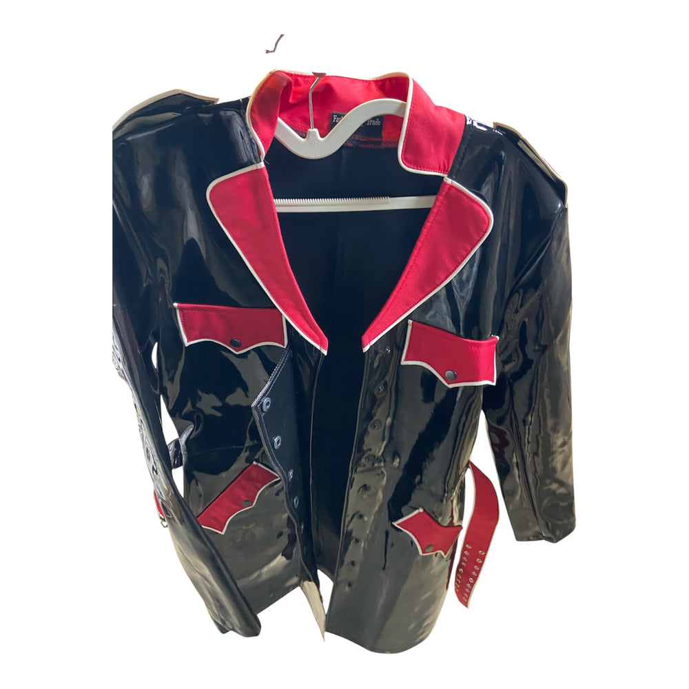 Fashionworld Long Wetlook Coat with Red Accents Size XL