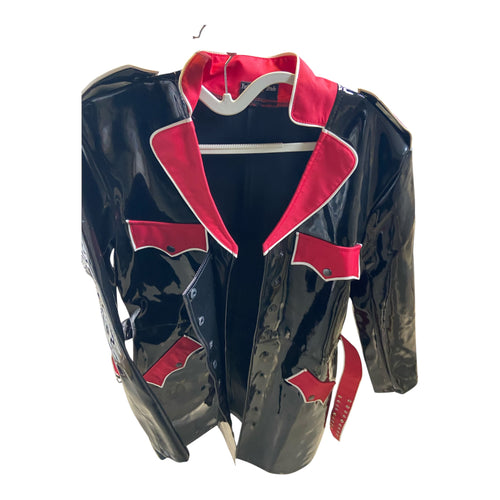 Fashionworld Long Wetlook Coat with Red Accents Size XL
