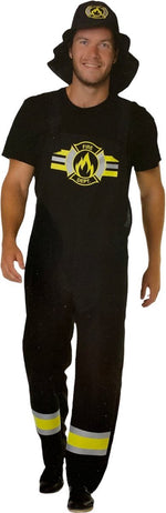 Fireman Costume – Black with Yellow Stripes Suit Includes Large Cap – Sizes M / L / XL