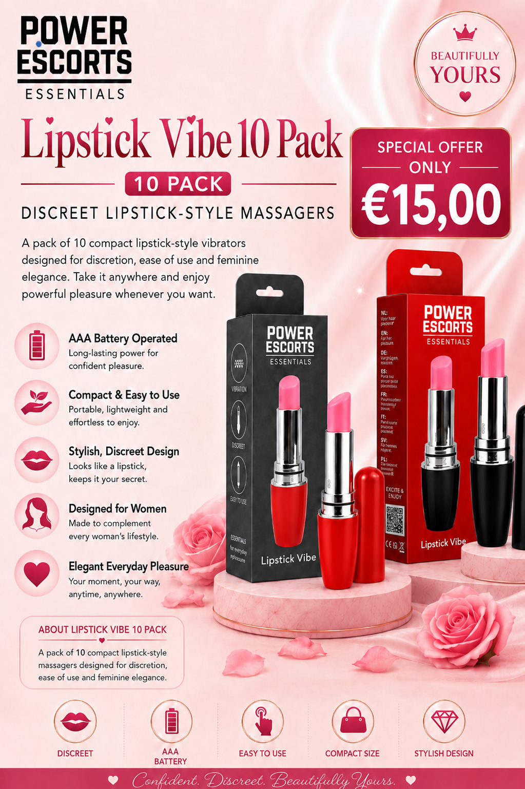 Power Escorts - 10 Pack - Black & Red Lipstick Vibe – Discreet Lipstick Vibrator | Compact & Powerful