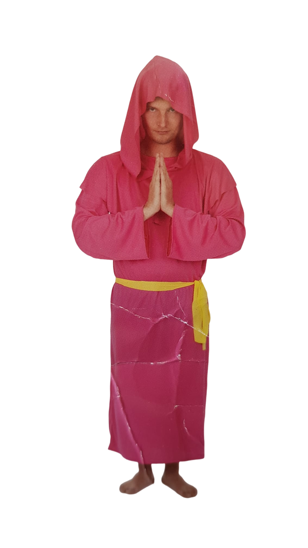 Naughty Pink Monk Costume – One-Piece Dress with Hood & Yellow Belt