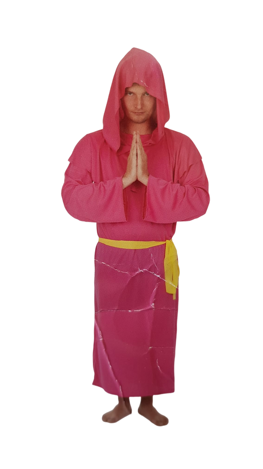 Naughty Pink Monk Costume – One-Piece Dress with Hood & Yellow Belt