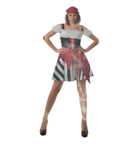 Sexy Pirate Costume – Kinky Black/White/Red Dress with Matching Red/Black Headscarf Size S