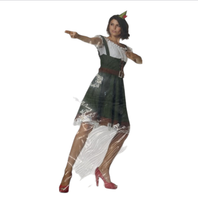Sexy Robin Hood Costume – Green One-Piece Dress with Brown Belt & Matching Tiara – M / L