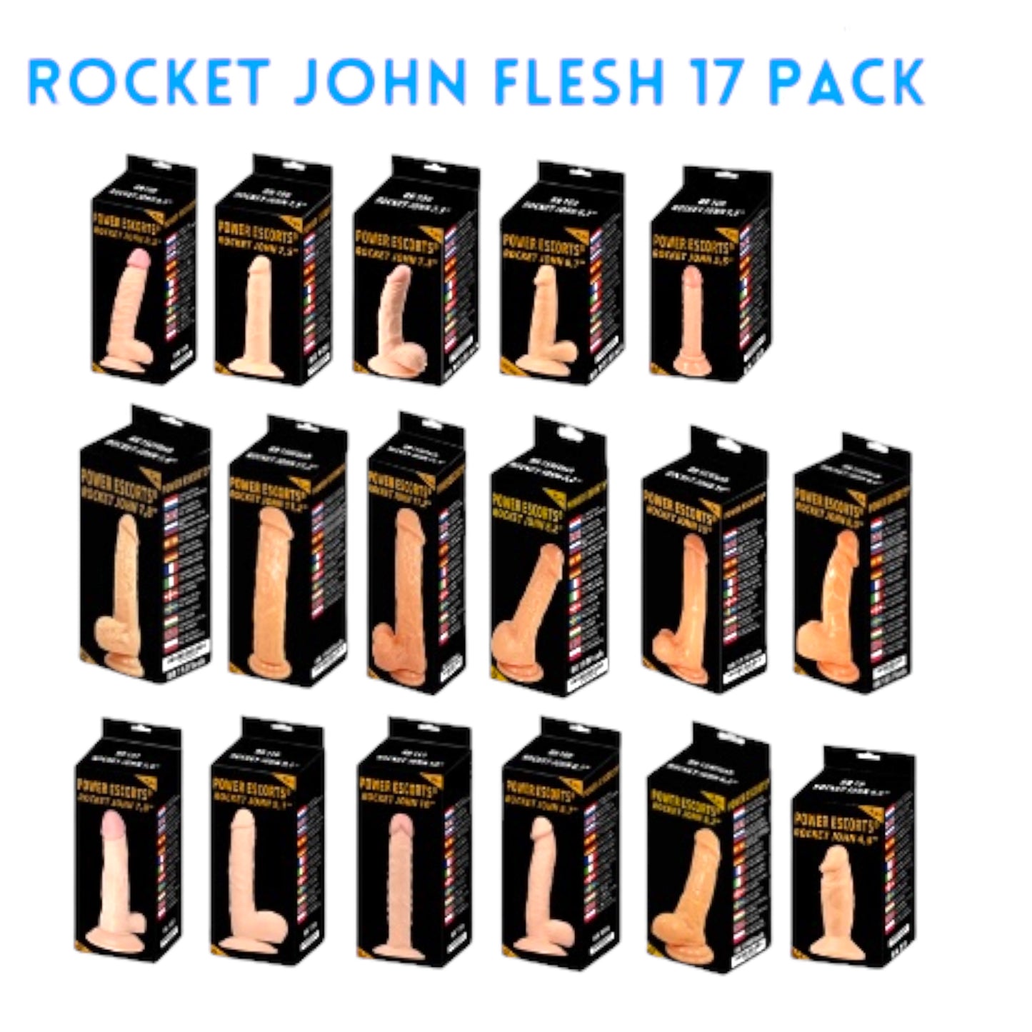 Power Escorts - Rocket John 17-Pack - Realistic Flesh-Tone Dildos Sizes Up to 28,5 CM/11,2 Inches