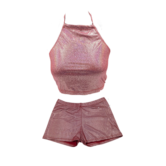 Combi Deal - Kinky Glossy Salmon Halter Top With Open Back With Matching Boxer