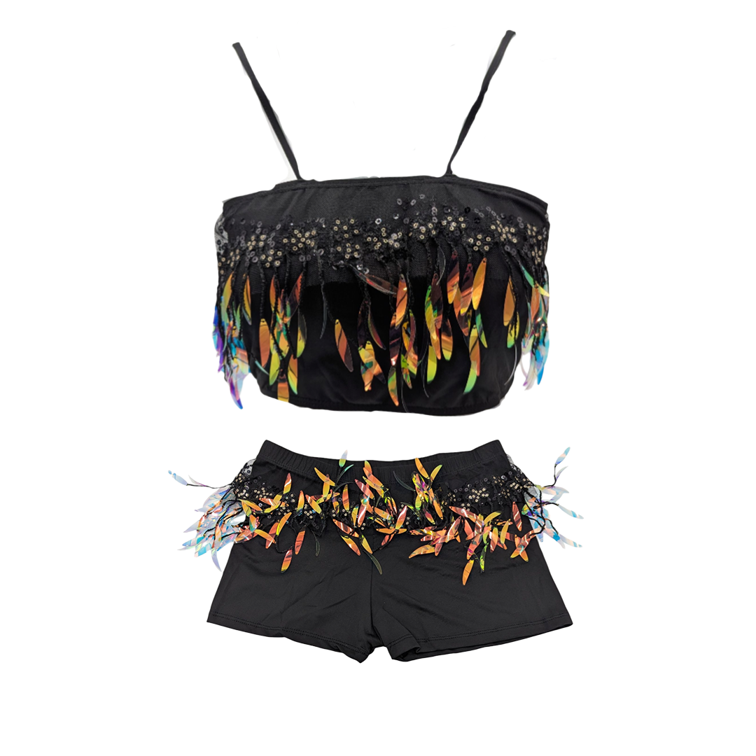 Combi Deal - Kinky Black Feather Slim Halter Top With Matching Feather Boxer