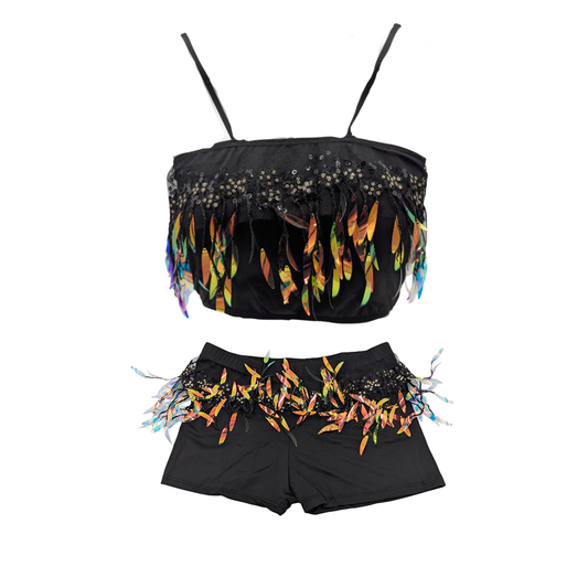 Combi Deal - Kinky Black Feather Slim Halter Top With Matching Feather Boxer